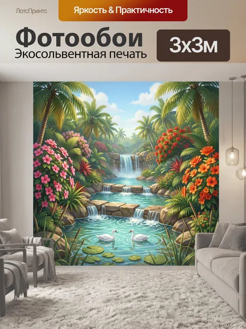 Фотообои Тропический водопад с лебедями