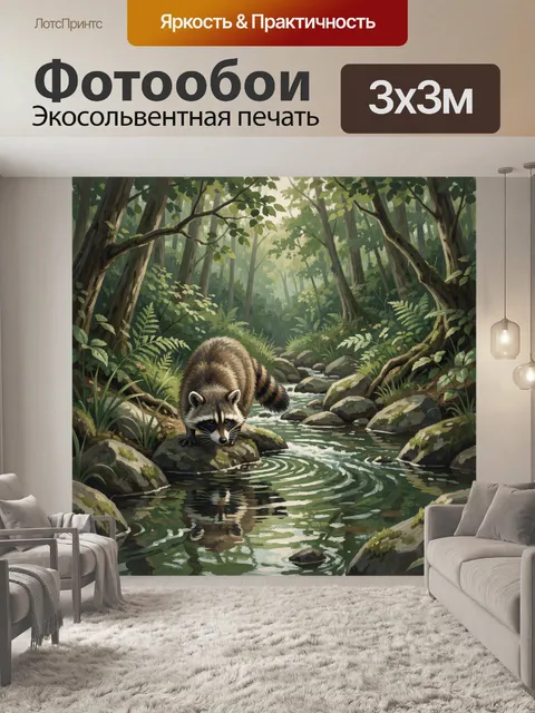 Фотообои Енот у лесного ручья