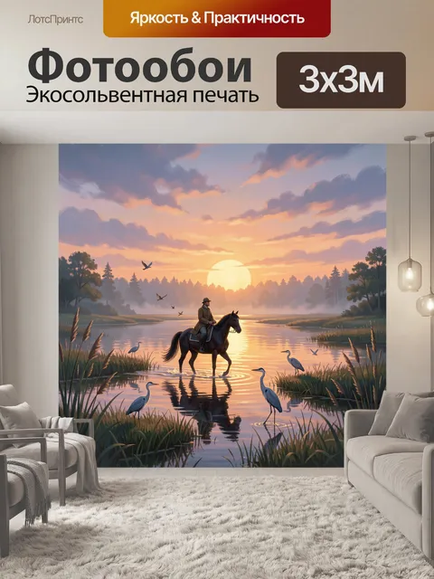 Фотообои Всадник у лесной реки на рассвете