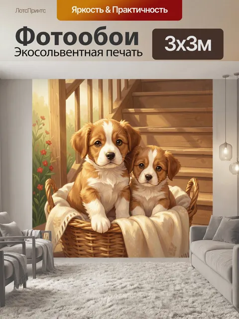 Фотообои Два щенка в плетеной корзине