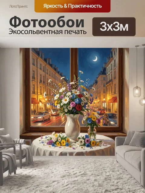 Фотообои Ночной город и букет у окна