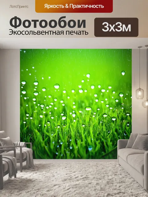 Фотообои лужайка с каплями дождя, свежесть природы, стиль минимализма