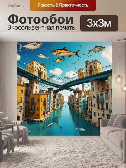 Фотообои город в стиле сальвадор дали, где мосты соединяют разные миры, с летающими рыбами и перевернутыми зданиями