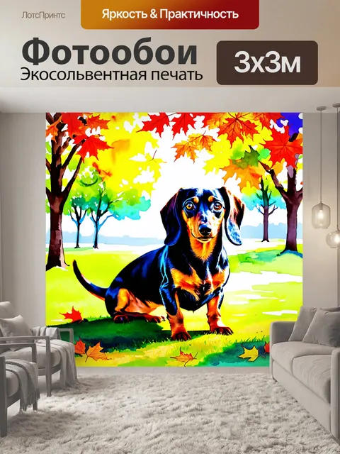 Фотообои изображение таксы на фоне яркого осеннего парка, где листья деревьев переливаются всеми цветами радуги