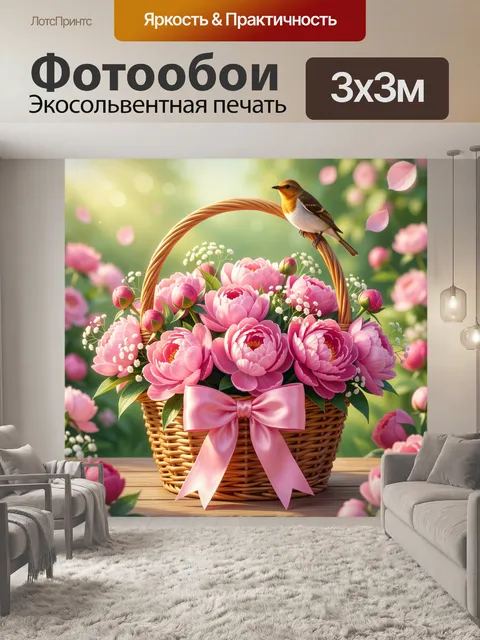Фотообои Корзина с розовыми пионами
