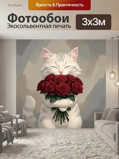 Фотообои Белый кот с красными розами