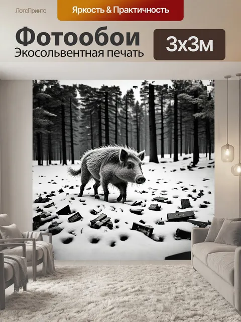 Фотообои одинокий дикий кабан выходит на заснеженную поляну, на которой scattered мусор: старые игрушки и остатки еды