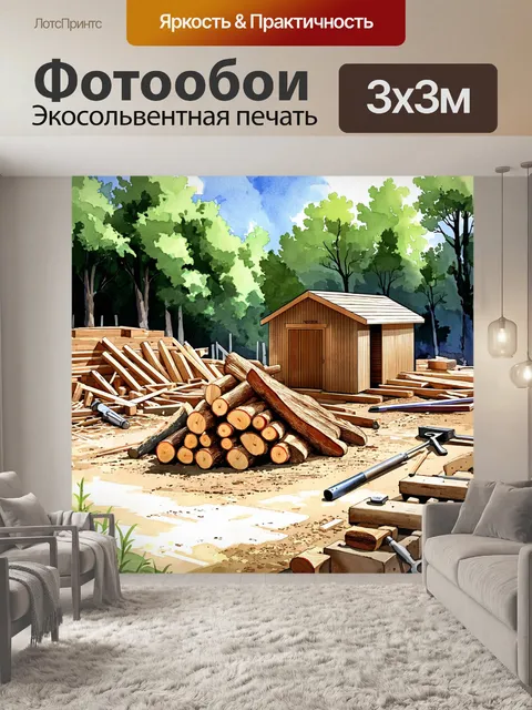Фотообои солнечное утро на строительной площадке, где возводится деревянная баня
