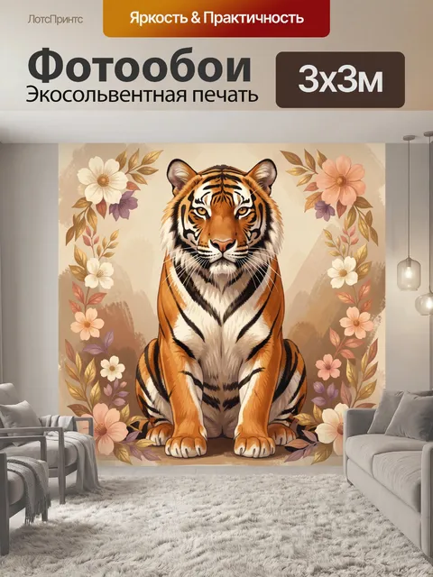 Фотообои Тигр с цветочными ветвями