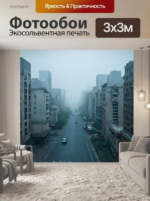 Фотообои туман в стиле фотореализм, с городским пейзажем, затянутым туманом, где здания теряются в дымке