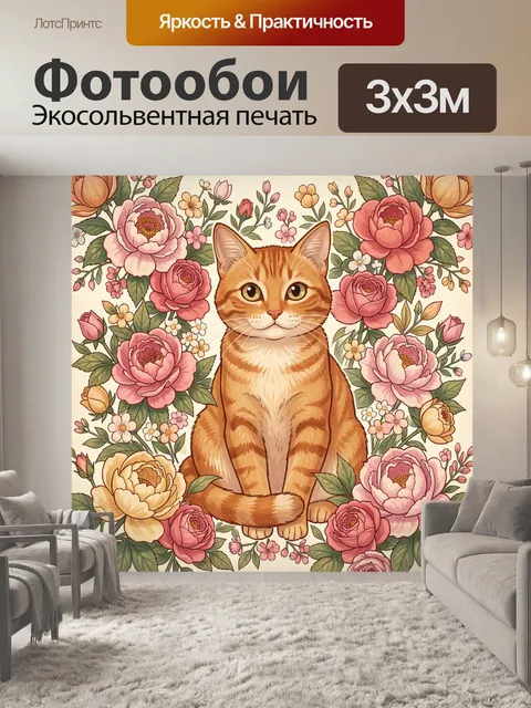 Фотообои Рыжий кот и цветочный сад