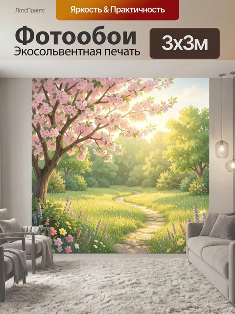Фотообои Весенний сад с цветущими деревьями