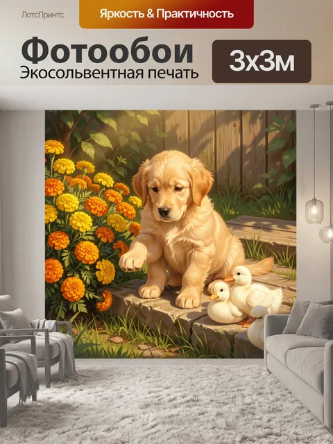 Фотообои Щенок с утятами в саду