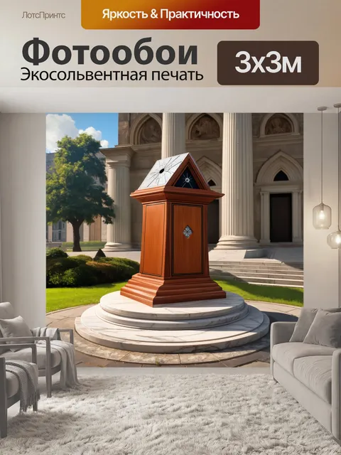 Фотообои уникальные солнечные часы из дерева, установленные у подножия классического здания с мраморной отделкой