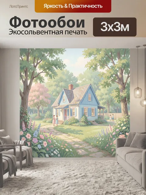 Фотообои Голубой коттедж в цветущем саду