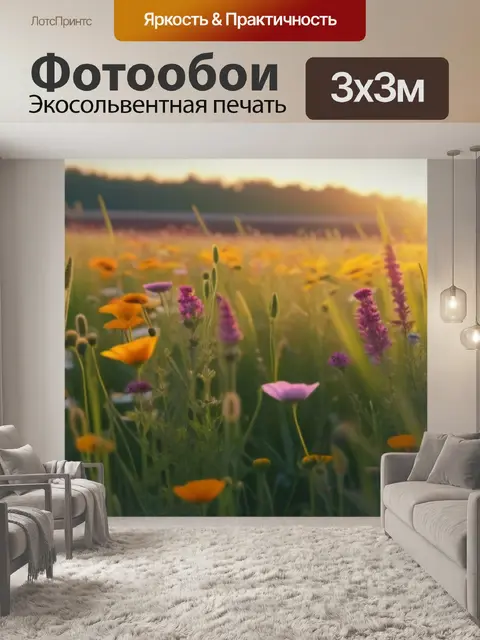 Фотообои цветочный луг в лучах заката