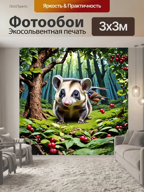 Фотообои в таинственном лесу, между ягодами и дикими цветами, маленький опоссум ловко прячется