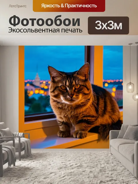 Фотообои кошка на окне с видом на вечерний город