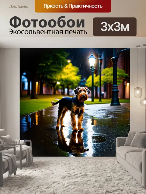 Фотообои сцена вечерней прогулки с эрдельтерьером по городскому парку, где свет фонарей отражается в лужах после дождя