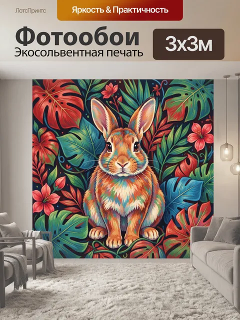 Фотообои Зайчик среди тропических листьев