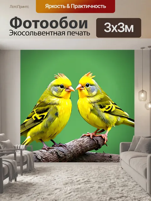 Фотообои пара канареек, поющих друг другу с изысканными текстурами перьев, выполненная в технике мягкой акварели