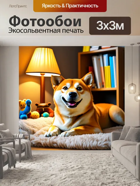 Фотообои уютный уголок дома, где сиба ину улыбается, лежа на мягком пледе, окруженный игрушками и книгами