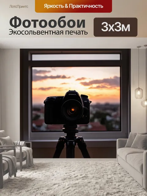Фотообои Фотография, сделанная через окно, на переднем плане находится профессиональная камера на штативе…