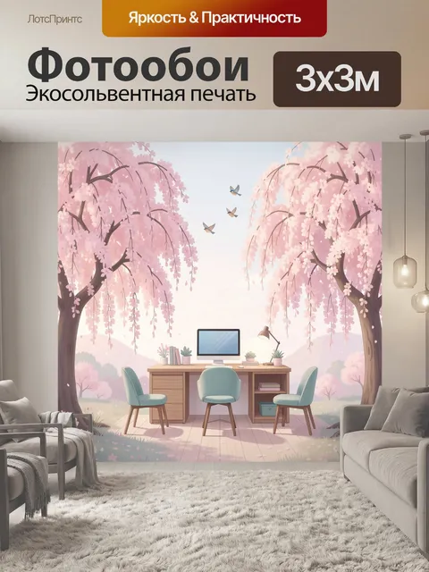 Фотообои Сад с цветущей сакурой и столом