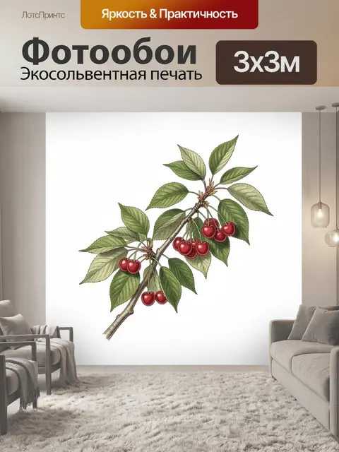 Фотообои Ветка с вишней и листьями