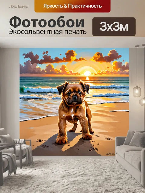 Фотообои щенок брюссельского гриффона, играющий на морском побережье
