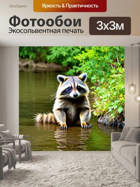 Фотообои енот, сидящий у реки и ловящий рыбу своими ловкими лапами, окруженный зелеными деревьями