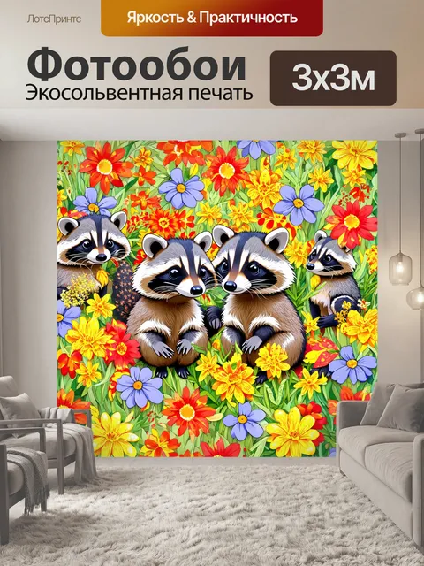 Фотообои животные в стиле дудл, любопытные еноты среди ярких цветов