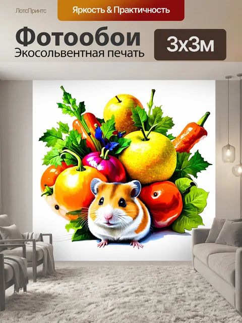 Фотообои букет из ярких овощей и фруктов с хомячком, уютно устроившимся среди них