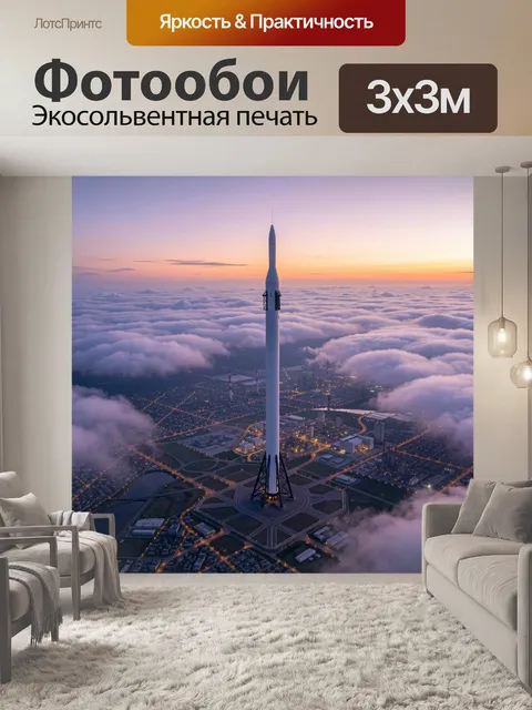 Фотообои Ракета над облачным городом