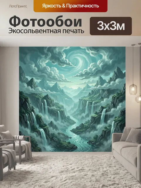 Фотообои Туманная долина с рекой и водопадами