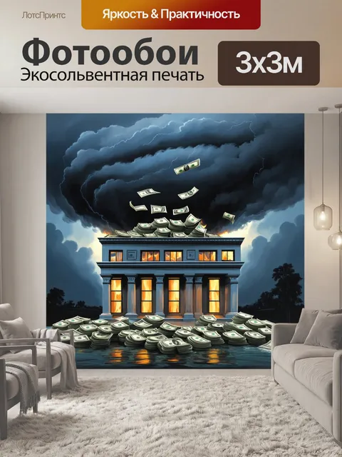 Фотообои гроза над зданием банка, где верхний этаж завален пачками долларов, стекающих из окон