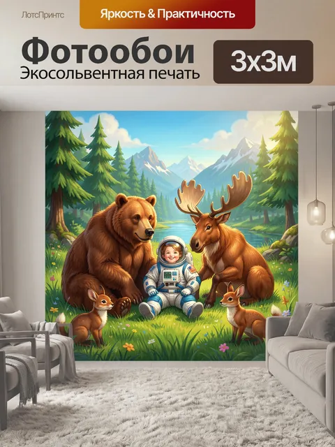 Фотообои Космонавт с лесными зверями