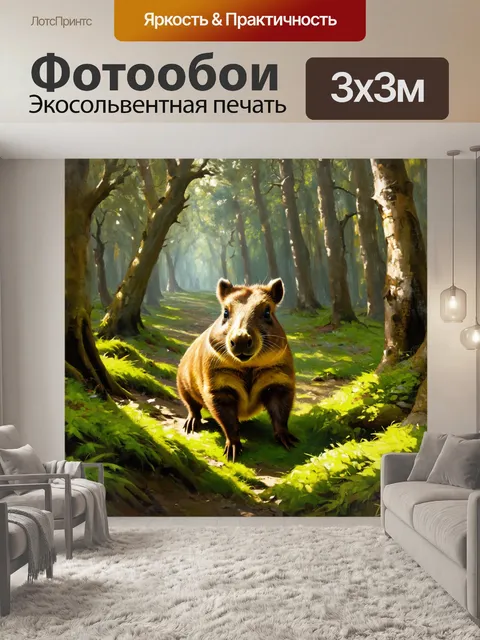 Фотообои капибара, изучающая лес, покрытый мягким мхом и окруженный старинными деревьями, солнечные лучи пробиваются…