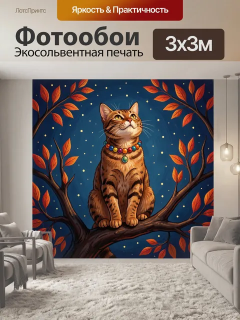 Фотообои Кот на ветке с бусами