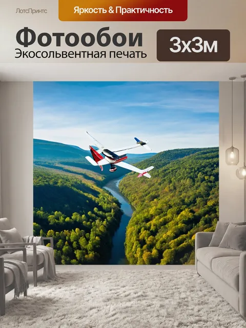 Фотообои самолет, пролетающий над живописной долиной, с рекой, пересекающей пейзаж