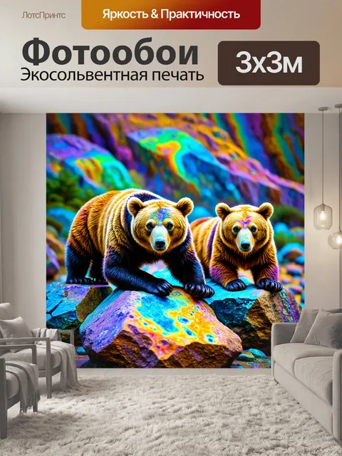 Фотообои животные в стиле психоделизм, изображающие медведей с космическими узорами, отдыхающих на многогранных скалах