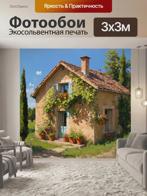 Фотообои прованс, где уютный деревенский домик окружен зелеными рощами, живописно вписан в сельский пейзаж