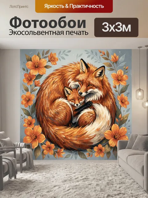 Фотообои Лиса с лисенком в цветах