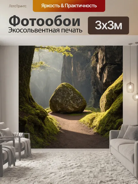 Фотообои камень в первой части изображения представлен уходящий вглубь лесной путь