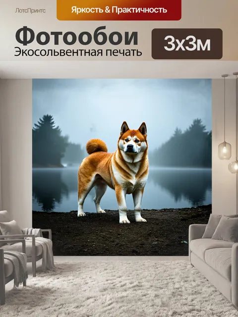 Фотообои акита-ину стоит на утреннем тумане у озера, её фигура запечатлена в фотоаппарата в стиле "макро"
