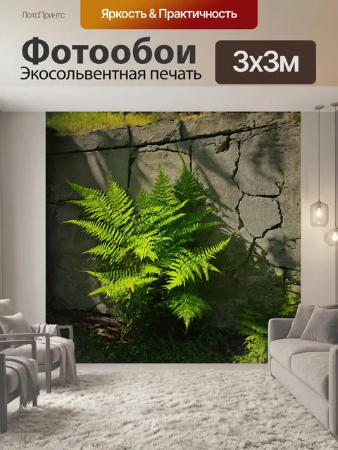 Фотообои раскошный зеленый папоротник на фоне каменной стены создает волшебный контраст между природой и архитектурой