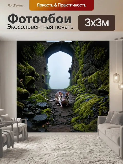 Фотообои крыса, исследующая руины старого замка, среди мха и отломков камней