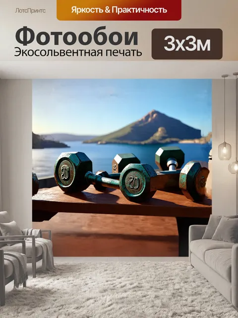 Фотообои 700 гантелей представлены на фоне красивого пейзажа