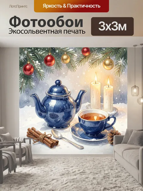 Фотообои Зимний чайный натюрморт с елью
