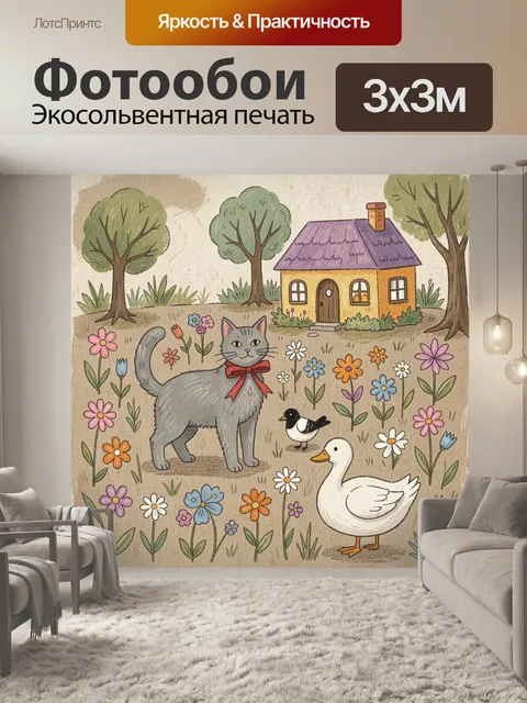 Фотообои Кот, утка и цветущий сад